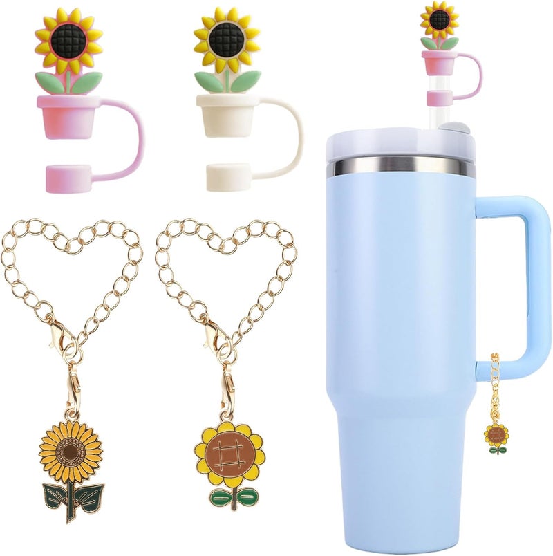 Kleeblatt Sunflower Straw Covers Cap For Stanley Cup, 2pcs 10mm Cute Silicone Straw Toppers For Tumblers With 2pcs Sunflower Charms Personalized, Stanley Cup Accessories - Image 1